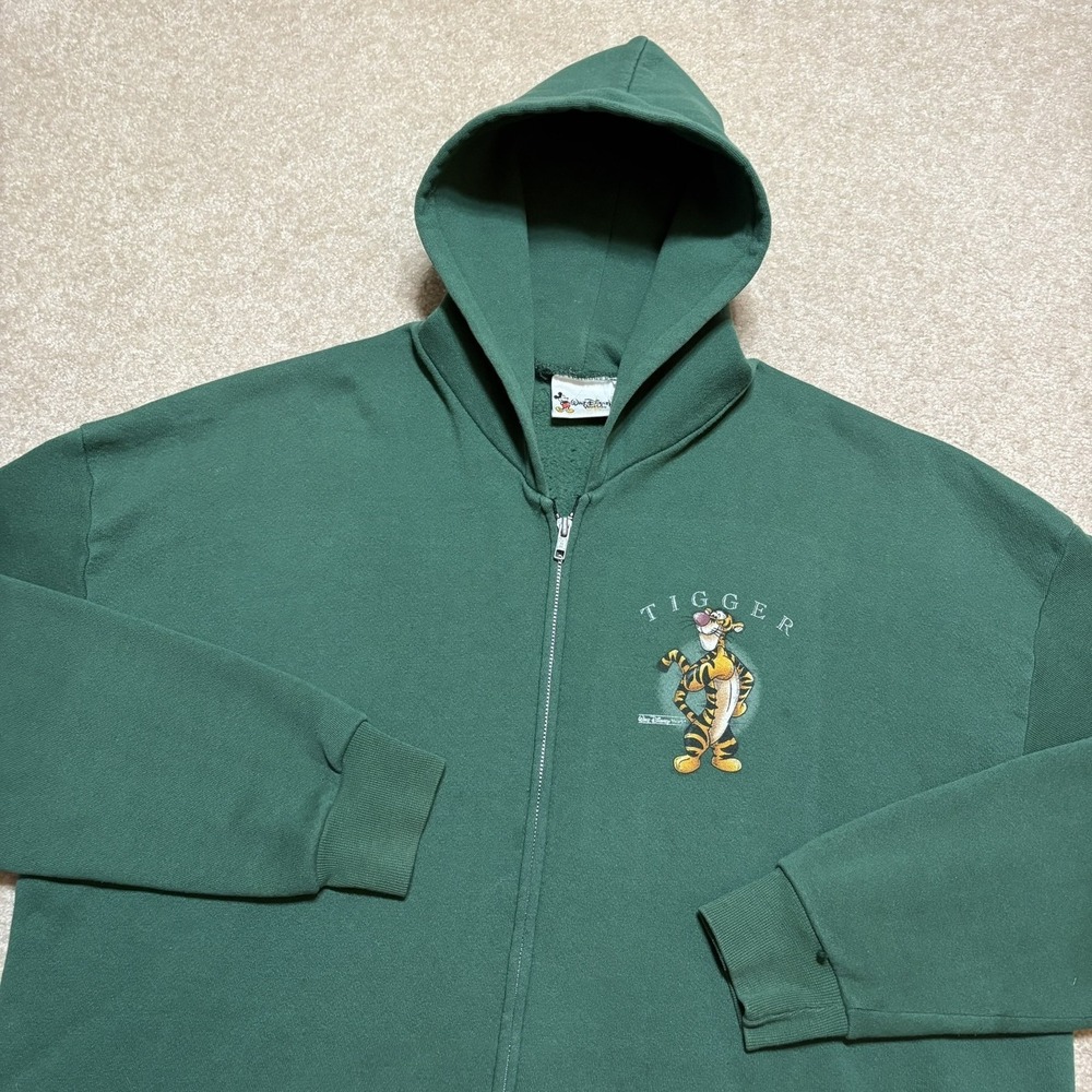 Vtg Tigger Hoodie Sweatshirt Mens 2XL Green Full Zip 90s Winnie Pooh Walt Disney